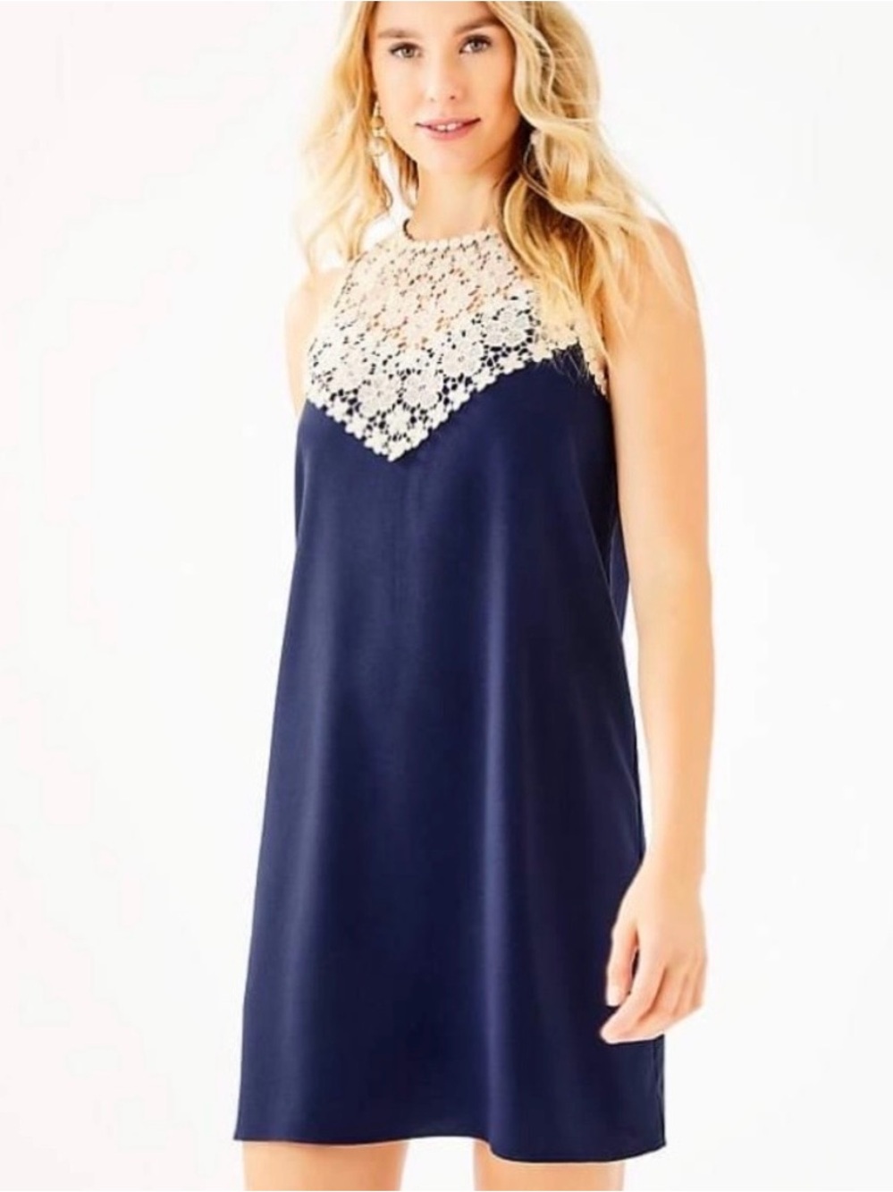 Lilly Pulitzer Navy Nala Shift Dress 4 Gold Crochet Lace Neckpiece Preppy Summer